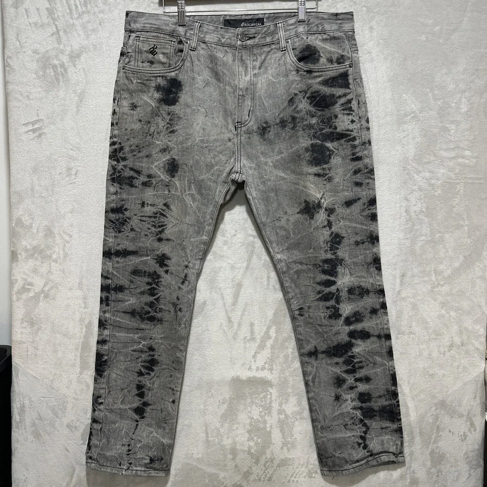 Rocawear Men's Size‎ 40X30 Gray Bleach Denim Rhinestone Pocket Jeans Streetwear